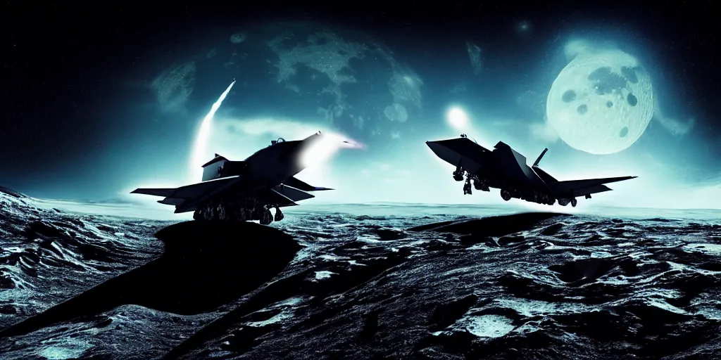 Image similar to giant Cthulhu silhouetted on lunar surface crushing <fighter jet>, explosion, photorealistic, wide-angle, long shot, epic, space, lunar backdrop