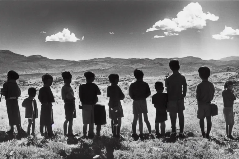 Prompt: A line of children waiting to look through a telescope, Ansel Adams