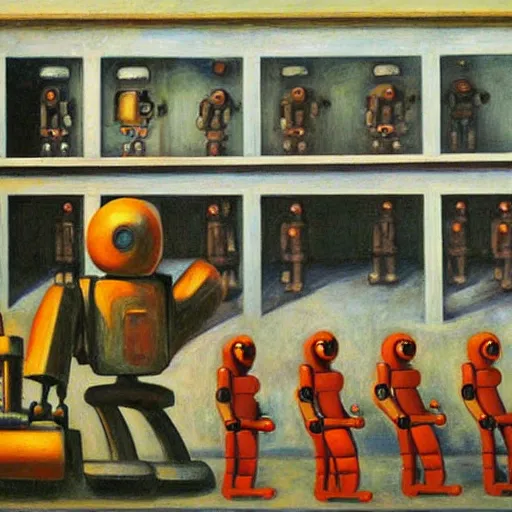 Image similar to drab slave human workers building robots, watched by fascist robots, brutalist factory, dystopian, pj crook, edward hopper, oil on canvas