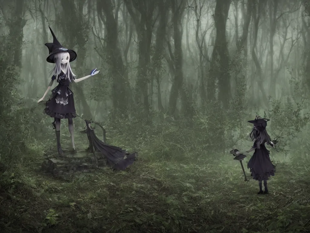 Image similar to cute gothic fumo plush witch girl ventures deep into the forbidden forest, ancient overgrown pagan monument summoning circle, volumetric fog and smoke, the bog of dark abyss, vray