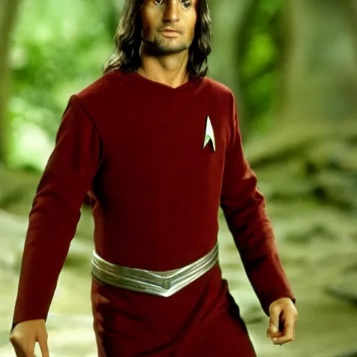 Image similar to Aragorn as Scotty on Star Trek: The Original Series, red shirt, no crop, face visible, sharp focus, high quality, very realistic, 4k