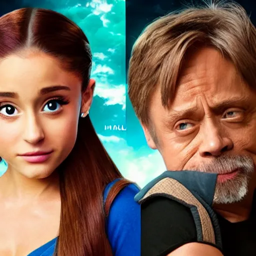 Image similar to a live action Pokemon movie poster featuring Ariana Grande and Mark Hamill, realistic pokemon