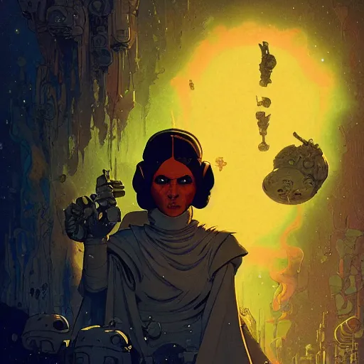 Prompt: princess leia, mike mignola, dan mcpharlin, peter mohrbacher, druillet, epic composition, sparkling light, vivid, bright