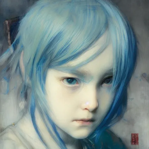 Prompt: little angry girl with blue hair. By Ruan Jia. Ayami Kojima. Masterpiece