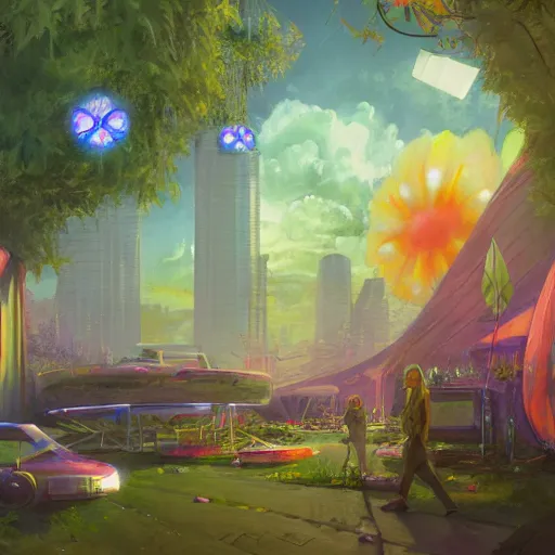 Image similar to a painting of a 1 9 6 0 s cyberpunk futuristic hippie flower power commune with tents and fruit trees and flowers and led screens, a matte painting by magali villenueve and mandy jurgens and charlie bowater, cgsociety, utopia art, sci - fi, bold colors, artstation hq