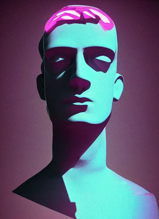 Prompt: statue of the uberchad, beeple, vaporwave, retrowave, tonal separation, black background, neon, black, glitch, strong contrast, pinterest, trending on artstation