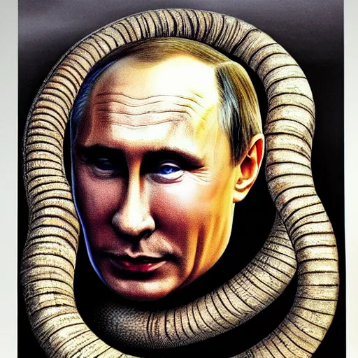 Image similar to portrait by giger of vladimir putin who became an giant lovecraftian worm, photo - realistic, color image, 2 k, highly detailed