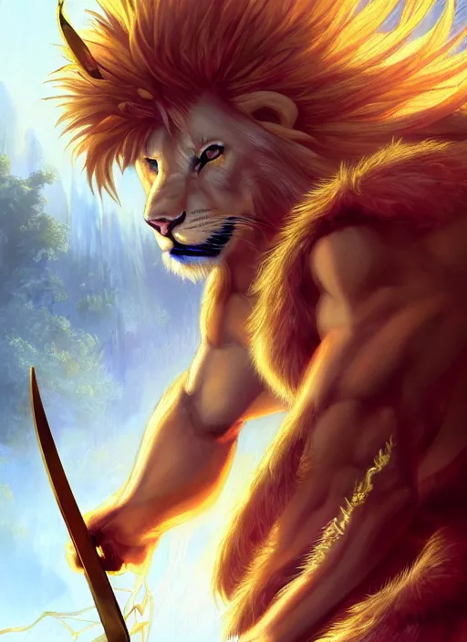 Image similar to aesthetic portrait commission of a of a male fully furry muscular anthro albino lion holding a golden katana and wearing shiny and wet heavy red and gold royal samurai full armor in a Japanese forest while storming, cinematic epic shot. Character design by charlie bowater, ross tran, artgerm, and makoto shinkai, detailed, inked, western comic book art, 2021 award winning film poster painting