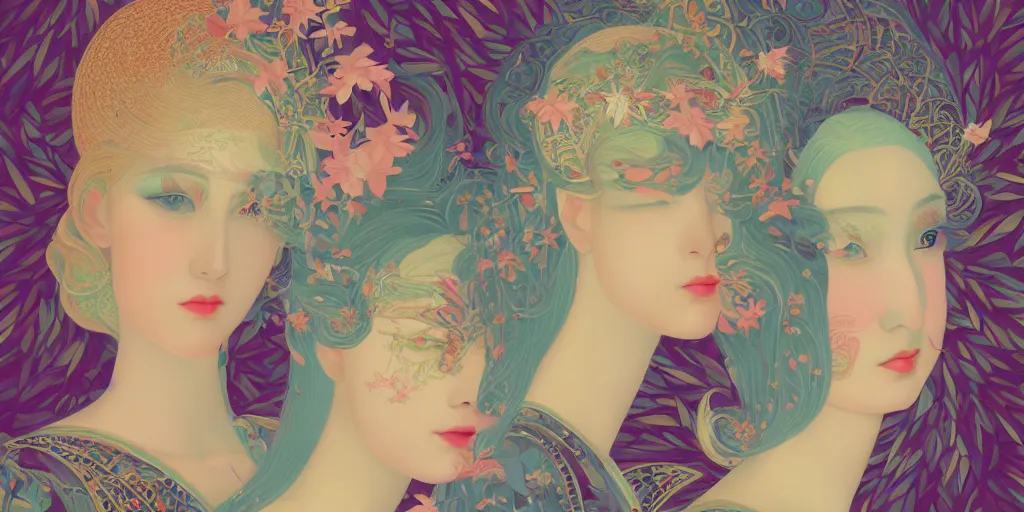 Image similar to breathtaking detailed concept art painting art deco pattern of blonde faces goddesses by hsiao - ron cheng, amalgamation flowers, bizarre compositions, kaleidoscope, exquisite detail, 8 k