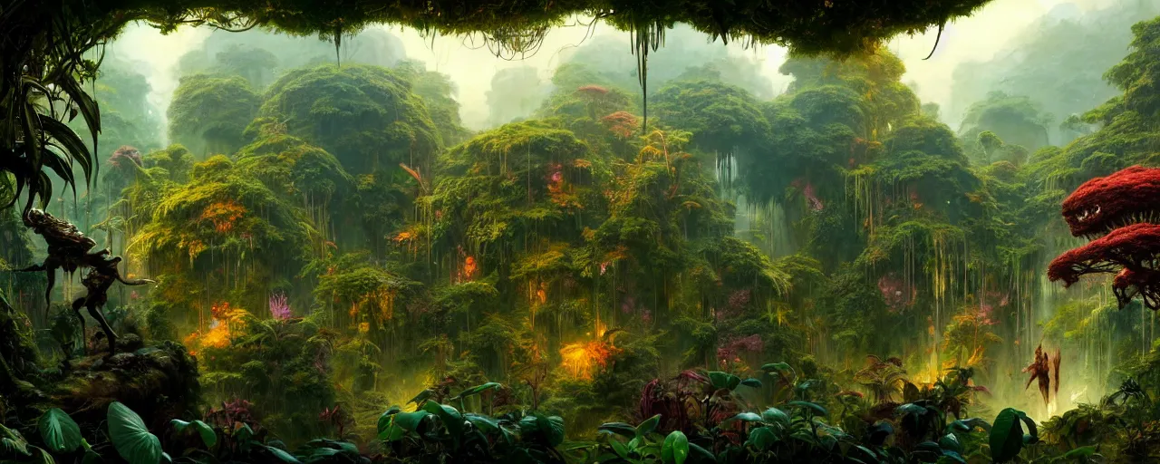 Image similar to A multidimensional overgrown fantasy jungle, screenshot from hidden object game, cinematic lighting, epic composition, cartoon, animation, background art, post processing, 8K resolution, elegant, highly detailed, digital painting, artstation, concept art, matte, sharp focus, illustration, art by Frank frazetta and moebius, Peter mohrbacher and John William Waterhouse