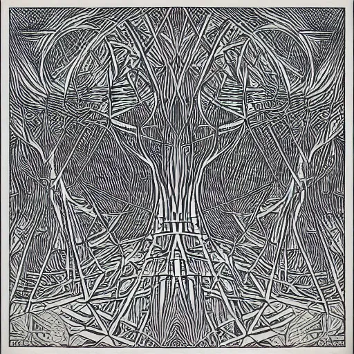 Image similar to “geometrically surreal order of trees, extremely high detail, photorealistic, intricate line drawings, dotart, album art in the style of James Jean”