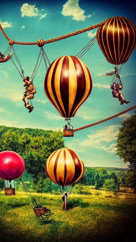 Image similar to large colorful vintage steampunk balloons with people on rope swings underneath, flying high over the beautiful countryside landscape, professional photography, 8 0 mm telephoto lens, realistic, detailed, digital art, unreal engine