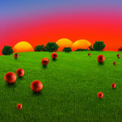 Prompt: 5 realistic colored circles floating on a green field with red sunset background