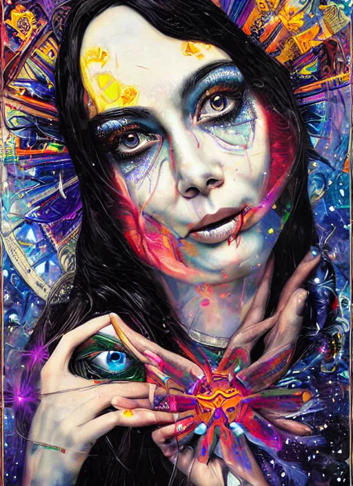 Image similar to gorgeous magic cult psychic woman smiling, third eye, subjective consciousness psychedelic, epic surrealism expressionism symbolism, story telling, iconic, dark robed, oil painting, symmetrical face, dark myth mythos, by Sandra Chevrier, Noriyoshi Ohrai masterpiece