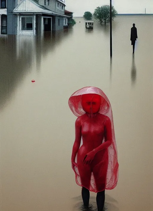 Prompt: futuristic woman dressed in transparent red plastic bags, on flooded street Edward Hopper and James Gilleard, Zdzislaw Beksinski, highly detailed