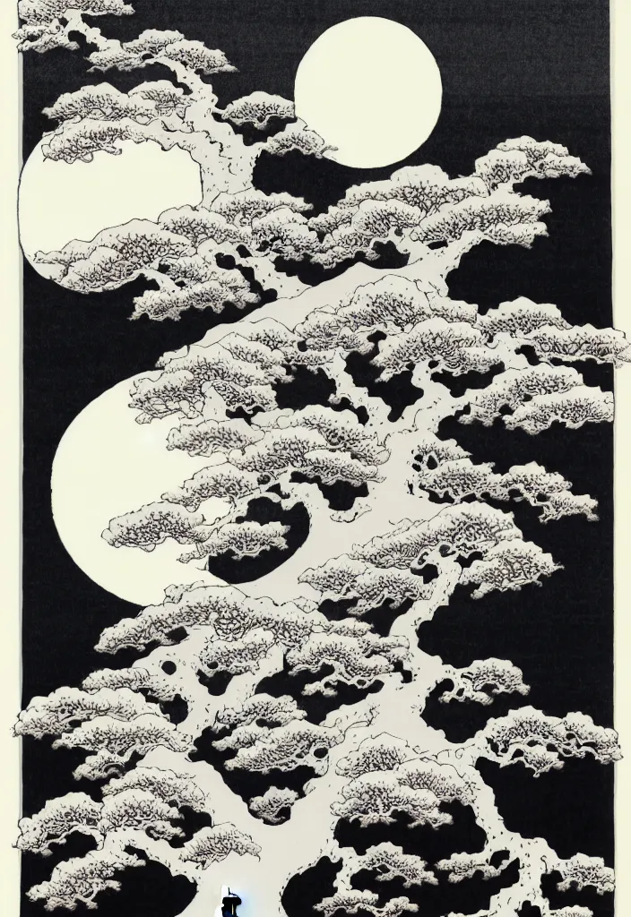 Prompt: prompt: white Bonsai tree roots merging into big moon drawn by Hokusai and Salvador Dali, Japanese woodblock print style, white moon and black background, clean ink detailed line drawing, intricate detail, manga 1990