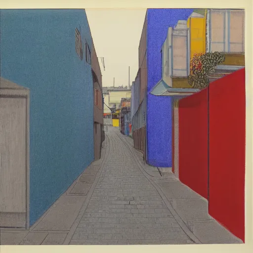 Image similar to a narrow alley in golden gai as depicted by lee ufan and hilma af klint and sketched by osamu tezuka