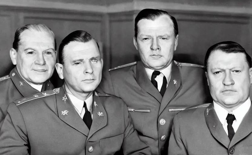 Image similar to 50s movie still close-up portrait of three individual elder soviet generals with very diverses faces in a stalinist hall, by David Bailey, Cinestill 800t 50mm black and white, heavy grainy picture, very detailed, high quality, 4k, HD criterion, precise texture, facial precision, diverse haircuts, diverse ages, each faces precisely define