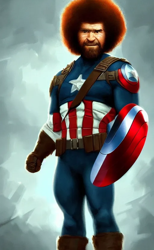 Image similar to bob ross as captain america, dynamic lighting, cinematic, ultra detailed, trending on art station, stunning visuals, creative, fantasy concept art