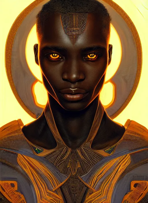 Image similar to symmetry!! portrait of african man tribal warrior, sci - fi, tech wear, glowing lights!! intricate, elegant, highly detailed, digital painting, artstation, concept art, smooth, sharp focus, illustration, art by artgerm and greg rutkowski and alphonse mucha