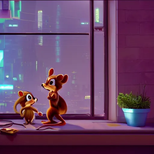 Image similar to Chip and Dale chipmunks in the apartment room in a cyberpunk city, soft god rays from city lights outside the window, unreal engine 5, soft neon atmosphere, photorealistic, soothing colors, somber melancholic matte painting, hyperrealism, hyperrealistic, cinematic masterpiece, cyberpunk style 8k ultrahd octane render