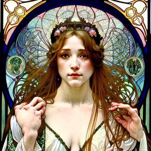 Prompt: realistic detailed face portrait of a beautiful young medieval queen of orchids by alphonse mucha, ayami kojima, amano, greg hildebrandt, and mark brooks, art nouveau, neo - gothic, gothic