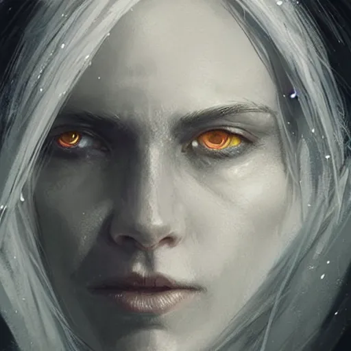 Image similar to portrait of an elf in a black cloak, silver hair and glowing eyes, detailed face, highly detailed, cinematic lighting, digital art painting by greg rutkowski.