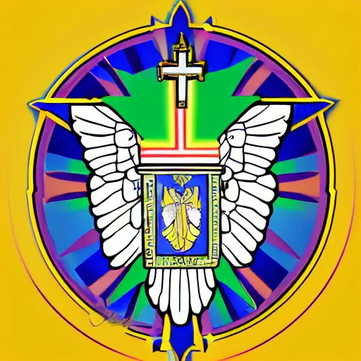 Image similar to svg vector sticker of absolutely CATHOLIC divine-deity-angel-eagle heraldry, royalty, family-crest, rocking out, wearing headphones, huge speakers, dancing, rave, cathedral, pope, DJ, spinning records, digital art, amazing composition, rule-of-thirds, award-winning, trending on artstation, featured on deviantart