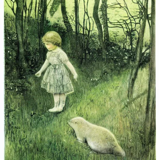 Prompt: an illustration of a little girl and a white seal wandering the Mesozoic Era in the style of Jessie Wilcox Smith, green flora forest, monochromatic, nature, 1908