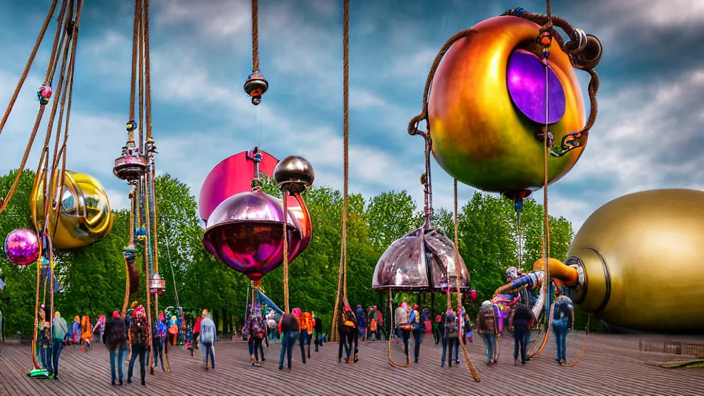 Prompt: large colorful futuristic space age metallic steampunk steam - powered balloons with pipework and electrical wiring around the outside, and people on rope swings underneath, flying high over the beautiful klaipeda in lithuania city landscape, professional photography, 8 0 mm telephoto lens, realistic, detailed, photorealistic, photojournalism