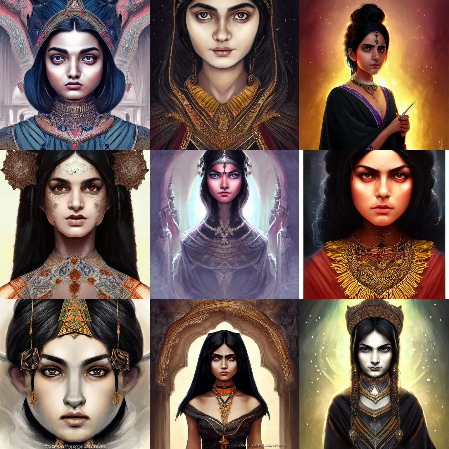 Prompt: head-on symmetrical centered painted portrait, young Indian woman D&D wizard, black hair, medieval robes, fantasy, intricate, elegant, highly detailed, digital painting, smooth, sharp focus, illustration, artstation, in the style of Artgerm and Anna Podedworna and Alex Ross