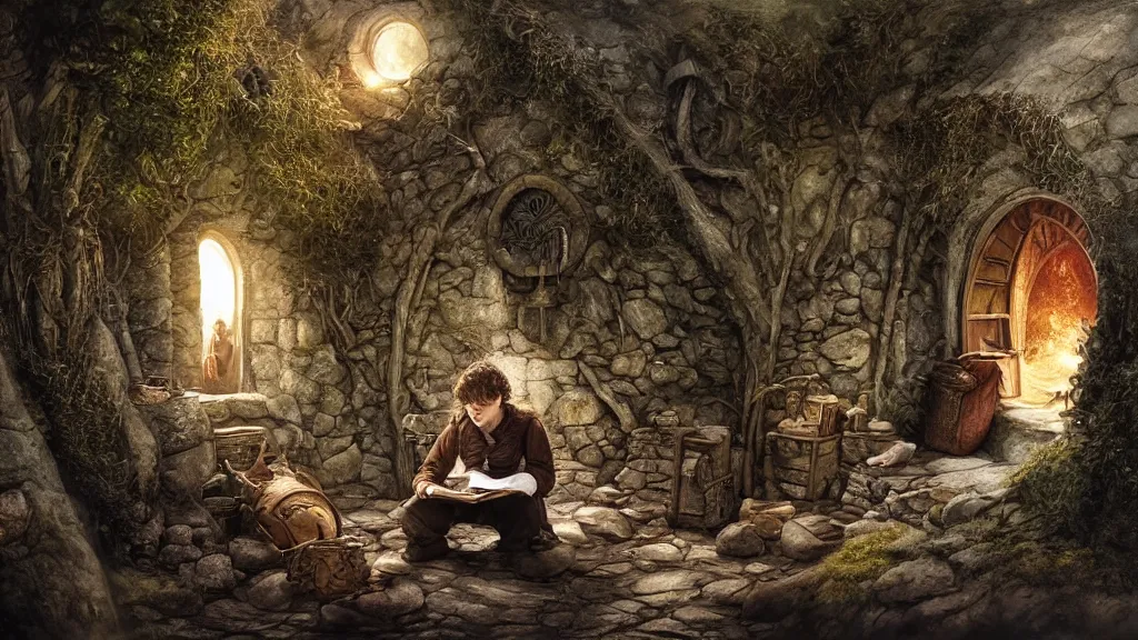 Image similar to frodo writing in his journal in bag end at the end of his journey, hobbiton visible through a window, by alan lee, michal karcz, smooth details, lord of the rings, game of thrones, smooth, detailed terrain, oil painting, trending artstation, concept art, fantasy matte painting