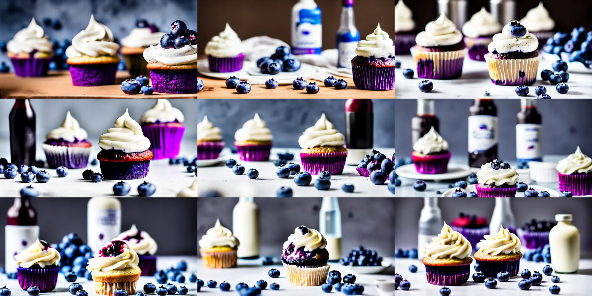 Prompt: dslr food photograp of a blueberry cupcake white creme topping and a bottle of blueberry sauce on the side, narrow shot, 8 5 mm f 1. 8