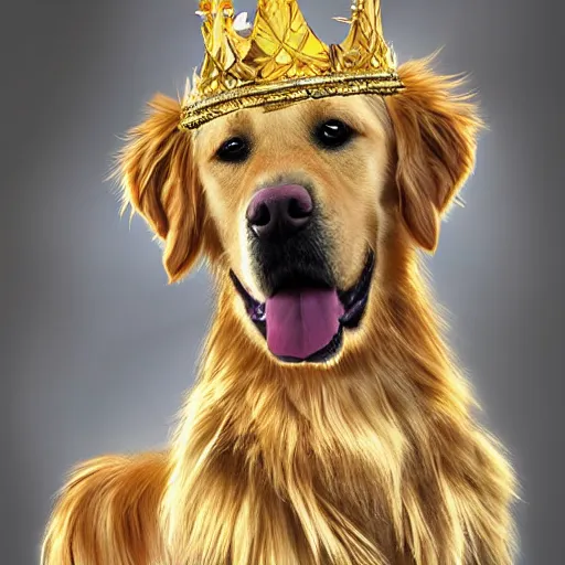 Image similar to Photomanipulation of golden retriver is dressed as a king, ultrarealism, photorealism, detailed, crown and gown