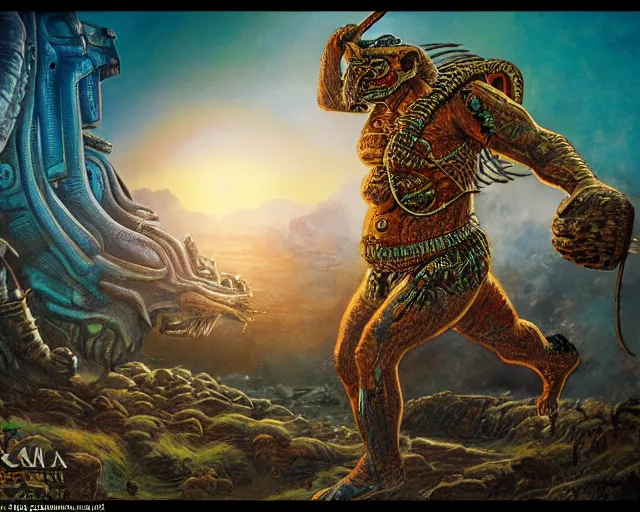 Image similar to mayan jaguar warrior exploring an alien world, 1 9 6 0's sci - fi, advanced technology deep aesthetic colors, 8 k, highly ornate intricate details, extreme detail,