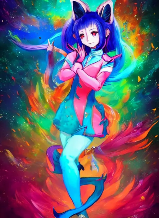 Prompt: a colorful and vibrant and provenance beautiful fox lady, full body un magic pose, official genshin impact character concept, anime, kawaii, full - body portrait, holographic undertones, highly saturated colors, by artgerm, professional character designer, trending on artstation, highly detailed, cgsociety