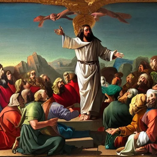 Image similar to Jesus wearing a VR Headset while preaching on Mount Sinai, highly detailed, 18th century painting