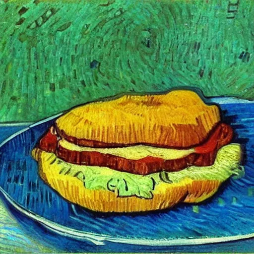 Image similar to onion steak sandwich painted by Van Gogh