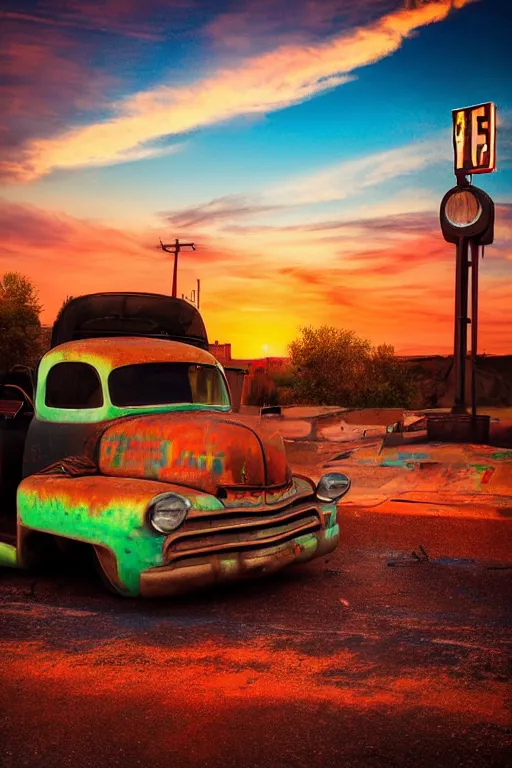 Image similar to a sunset light landscape with historical route 6 6, lots of sparkling details and sun ray ’ s, blinding backlight, smoke, volumetric lighting, colorful, octane, 3 5 mm, abandoned gas station, old rusty pickup - truck, beautiful epic colored reflections, very colorful heavenly, softlight