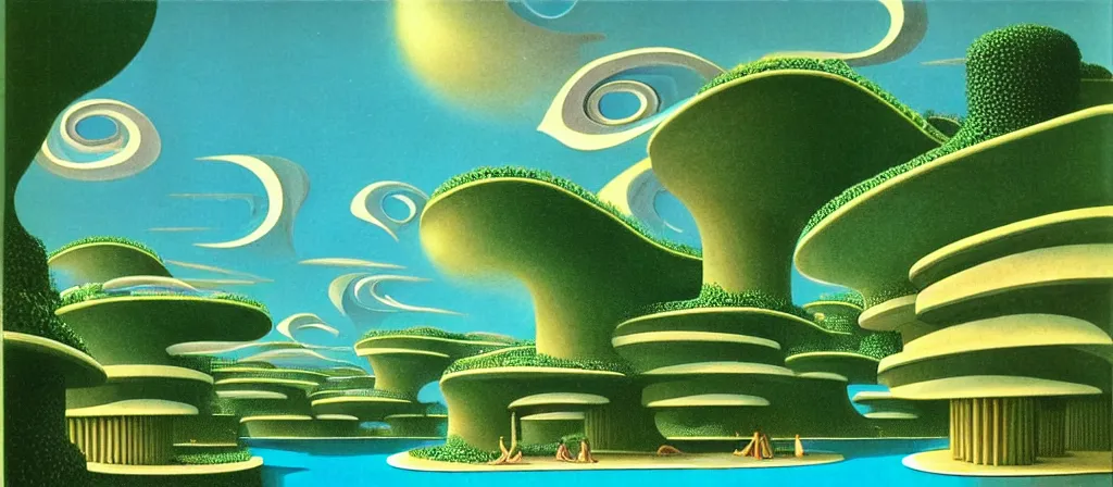 Prompt: huge gargantuan angular dimension of infinite poolrooms, buildings by escher and ricardo bofill. utopian landscape by roger dean. magical realism, surrealism, lush tropical jungle, waterfalls, clouds, mallsoft, vaporwave, trending on artstation, shot from below, epic scale