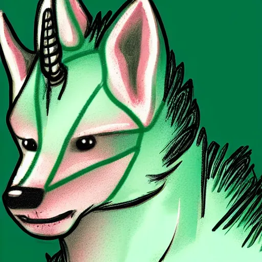 Prompt: Digital Portrait Drawing of Mint-Colored Anthropomorphic Unicorn Wolf