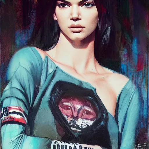 Prompt: fashion model kendall jenner by Alec Monopoly by Richard Schmid by Jeremy Lipking by moebius by atey ghailan