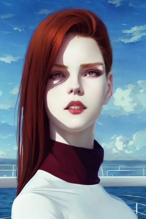 Image similar to beautiful pale vampire with auburn hair in a white turtleneck dress, on a super yacht, by guweiz and wlop and ilya kuvshinov and and moebius, artgerm, symmetrical eyes, aesthetic, gorgeous, stunning, alluring, attractive, half body portrait, fine details, detailed, artstation, deviantart, pinterest, digital art