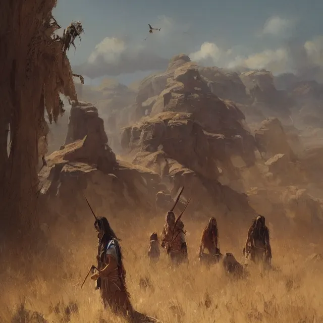 Image similar to a painting of native americans in the plains by greg rutkowski, dark fantasy art, high detail, trending on artstation