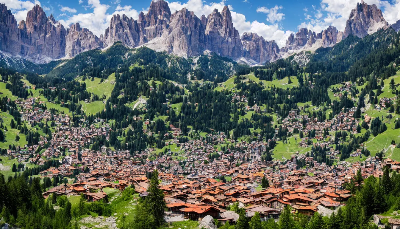 Prompt: american city in the dolomites mountains