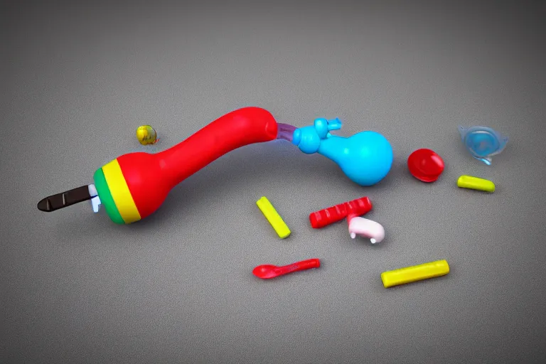 Image similar to product photo of toy crack pipe made by fisher price, colorful plastic, high quality, intricate detail, realistic textures, octane render, unreal engine 5, hyperrealism