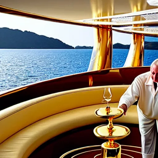 Prompt: wrinkled hunchbacked old butler polishing the side of a gold plated mega yacht