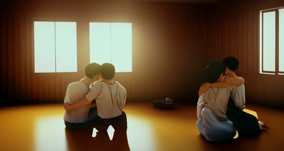 Prompt: 1 9 9 3, disposable camera, flash, pov, wide shot of asian couple hugging at each other, sitting in rural living room, group of mechanical fans placing around the room, day light, high details, octane render, realistic