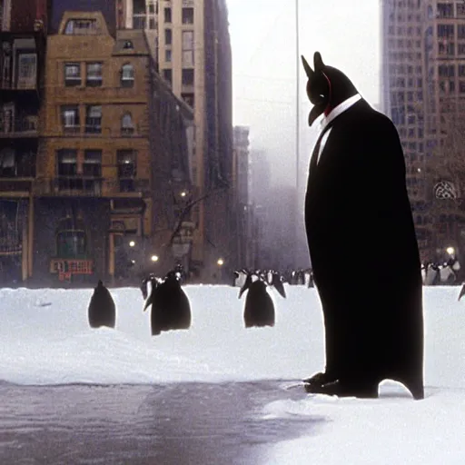 Image similar to Alex Jones as the Penguin Man in the movie Batman Returns 1992, still, high quality