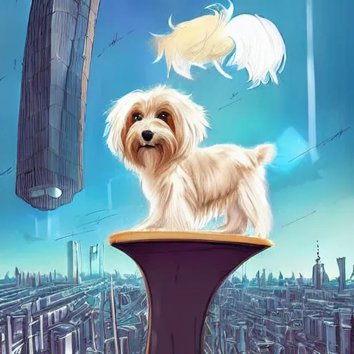 Image similar to cream colored havanese dog dressed as a super hero, looking over a futuristic city, wide shot, highly coherent, saga comic, graphic novel, fiona staples